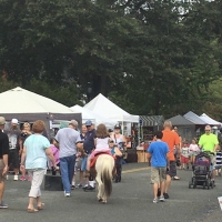 West Point Crab Carnival participants walk on a blacktop surface. Event displays and booths from local businesses are in the image background