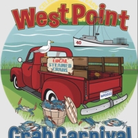 West Point Crab Carnival poster containing a cartoon styled image of a red pickup truck. A traditional basket is overflowing with caught blue skinned crabs. A seagull is perched on the truck and a boat with the number 40 on it is in the background of the image.